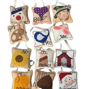 Handmade Cross-Stitch Monthly Ornament Set - Colorful Calendar Motifs